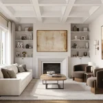 Bright open-concept living room interior at St Davids Collection featuring coffered ceilings, a modern fireplace, built-in shelving, plush cream sofa, and neutral contemporary decor.