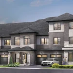 Architectural rendering of modern luxury townhomes at The Enclave in Milton, featuring grey brick facades, stone accents, dark-framed windows, and integrated garages.