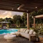 An expansive luxury backyard at The Legacy featuring a covered patio with a wooden ceiling and fan, an outdoor lounge area, a swimming pool with lounge chairs, and an outdoor dining area under a pergola.