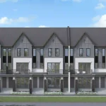 Exterior rendering of the North elevation at Time in Ajax, showing modern three-story townhomes with grey siding, white brick accents, and private balconies under a blue sky.