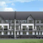 South-facing architectural rendering of Time in Ajax townhouses, highlighting the contemporary facade design, dark brick foundations, and spacious second-story balconies.