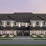 Architectural rendering of the Classic Collection street townhomes at Vellore Trails, showcasing a two-story dark brick and light stone facade with dark-trimmed windows, built-in garages, and manicured front walkways.
