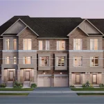 Architectural rendering of the Designer Collection street townhomes at Vellore Trails by Arista Homes, featuring a multi-story traditional brick and stone exterior with elegant gables, light-colored garage doors, and covered entryways.