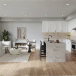 Modern open-concept kitchen and living area at Wasaga Walk Towns featuring white cabinetry, a marble-patterned waterfall island, and a sleek electric fireplace.