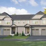 Architectural rendering of a modern townhouse row in West Community featuring light grey siding, stone accents, dark gabled roofs, and integrated two-car garages.