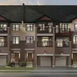 Architectural rendering of WestHaven at Country Lane modern three-storey townhomes featuring red brick exteriors, private balconies, and integrated garages at dusk.