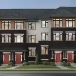 Exterior rendering of WestHaven luxury townhouses with dark brick facades, white accents, and distinctive red front doors, showing a family biking on the sidewalk.