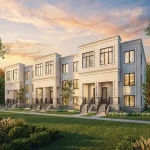 Exterior rendering of Avella luxury townhomes with modern white facades and professional landscaping.