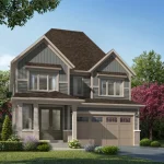 Exterior rendering of a two-story detached single-family home in Avondale Village, highlighting a craftsman-style design with grey and beige siding, a two-car garage, front porch entryway, and lush green landscaping surrounded by pink blossoms.