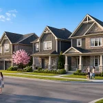 Architectural rendering of a residential streetscape in the Avondale Village community, showcasing a row of modern two-story detached homes and townhouses with gabled roofs, stone accents, manicured lawns, and blooming pink cherry blossom trees under a blue sky.