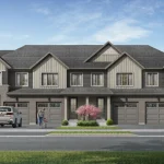 Exterior architectural rendering of modern multi-unit townhomes in Avondale Village, featuring grey siding, gabled rooflines, stone veneer accents, built-in garages, and a landscaped front yard with a pink cherry blossom tree.