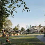 Architectural rendering of the Base Living community park and green space, showing residents walking dogs, children playing, raised garden beds, a paved pathway, and modern townhomes under a clear sky.