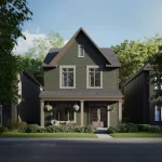 Modern two-story detached home architectural rendering in the Base Living community, featuring a light brick lower exterior, a two-car garage with brown doors, wood-paneled upper siding, and a covered front porch surrounded by green trees.