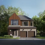 Two-story single-family detached home rendering in the Base Living development, showcasing an olive green siding exterior, a prominent gable roof, a covered front porch with patio seating, and neat landscaping.