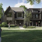 Streetscape rendering of the Base Living residential development featuring modern two-story single-family homes with dark gray and brown siding, front porches, manicured lawns, and neighbors interacting outdoors.