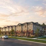 Architectural rendering of Bellaro townhomes streetscape featuring modern multi-story units with brick accents, manicured lawns, and a white car parked on the street at sunset.