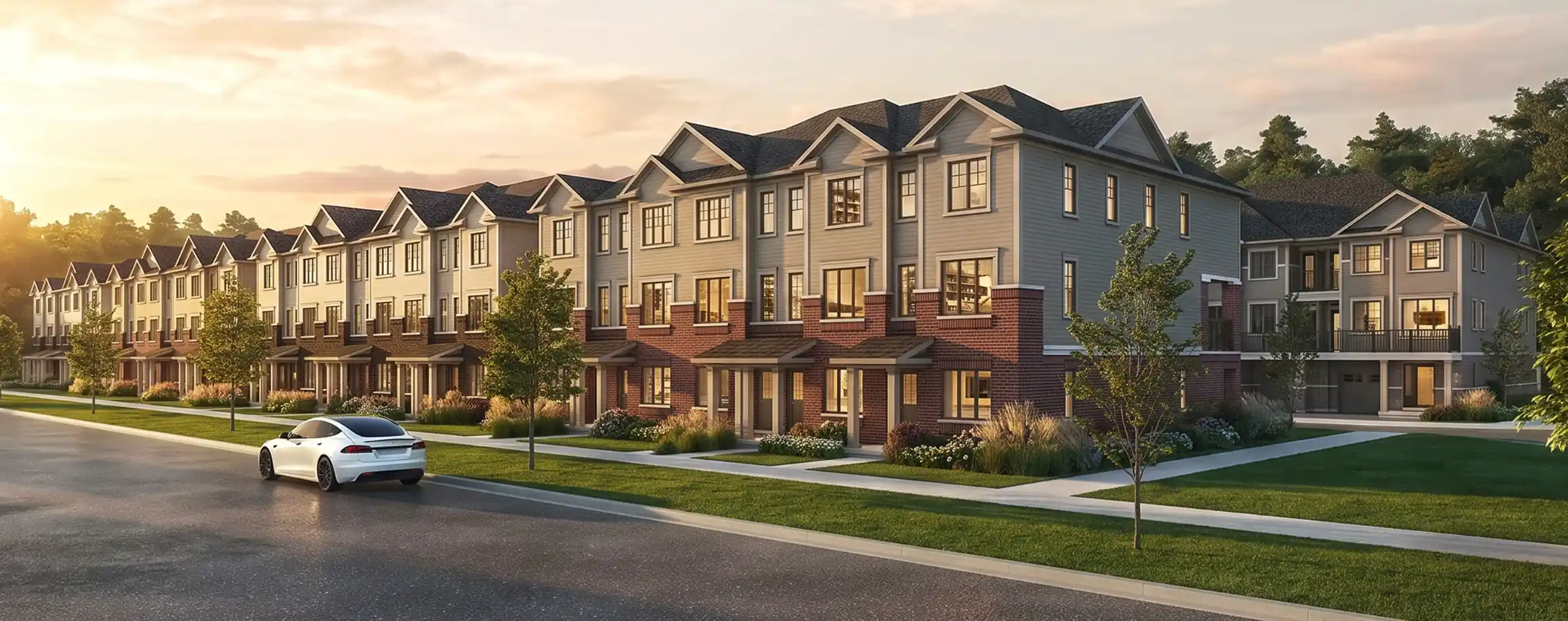 Architectural rendering of Bellaro townhomes streetscape featuring modern multi-story units with brick accents, manicured lawns, and a white car parked on the street at sunset.