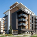 Architectural rendering of Black Birch Heights Condos, a modern multi-story condominium building featuring a mix of dark siding, wood accents, glass balconies, and landscaped walkways with people.