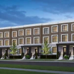 Exterior rendering of Kingshaven modern brown brick and light stone townhouses featuring black window frames, covered front entryways with pillars, landscaped front lawns, and a clear blue sky.