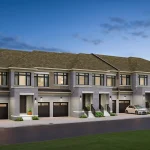 Dusk rendering of a block of luxury townhomes at Kingshaven, highlighting gray stone facades, dark garage doors, illuminated entryways, and modern architectural design under a twilight sky.