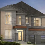 Architectural rendering of a luxury 45-foot detached two-story house by Aspenridge Homes in Mayfield Village, showcasing a contemporary facade with grey stone, light brick accents, large modern windows, a double-car garage, and warm interior lighting during sunset.