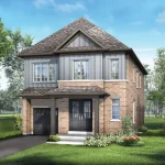 Architectural rendering of a modern 32-foot detached two-story single-family home by Regal Crest in the Mayfield Village community, featuring a mixed brick and grey vertical siding exterior, a dark double front door, a single-car garage, and a manicured green front yard under a clear blue sky.
