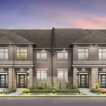 Architectural rendering of a modern block of freehold townhomes by Royal Pine Homes in Mayfield Village, featuring elegant grey brick and stone exteriors, matching modern front doors with sidelights, and beautifully landscaped front walkways at dusk.
