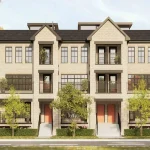 Architectural exterior rendering of OG Urban Towns, featuring light brick modern townhomes with black trim windows, private balconies, and stylish orange entry doors nestled next to a tree-lined street.