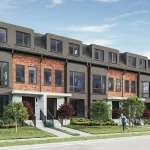 Modern red brick and dark gray three-story townhouses at The Elms of Thornhill Woods development, featuring landscaped front yards, contemporary black-framed windows, and a resident jogging on the sidewalk.