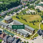 Bird's-eye view rendering of The Elms of Thornhill Woods townhome community layout, showing its proximity to Elmway Court, Thornhill Woods Drive, Thornhill Woods Park, and Thornhill Woods Public School.