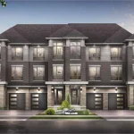 Architectural rendering of a modern three-story townhouse block at The Ridge at Rutherford, featuring dark brick and stone exteriors, multiple garages, large windows, and landscaped front yards.