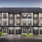 Exterior rendering of luxury multi-story townhomes at The Ridge at Rutherford, showcasing a contemporary facade with light grey stone, dark accents, integrated garages, and manicured landscaping under a twilight sky.