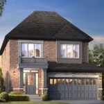 Architectural rendering of a two-story detached brick home with a grey two-car garage, a small front porch balcony, and a dark shingled hip roof at The Trails at Carson's Creek.