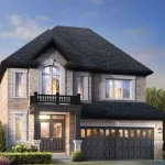 Exterior rendering of a luxury detached house at The Trails at Carson's Creek, showcasing a light stone facade, a double-door front entrance with a black balcony above, and a two-car garage.
