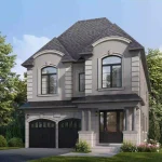 Architectural rendering of a 2-story detached home (Elevation B) at Thornhill Trails, showcasing a classic light grey stucco exterior with arched windows, decorative keystones, and a double-car garage.