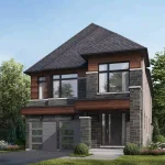 Exterior rendering of a contemporary detached home (Elevation C) at Thornhill Trails, featuring dark grey stone veneer, rich wood siding accents, large modern windows, and a two-car garage.