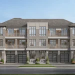 Rendering of a luxury townhouse complex at Thornhill Trails, featuring a light grey brick and stone facade with warm wood-look panels, glass balconies, and built-in garages under a clear blue sky.