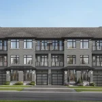 Architectural rendering of a modern 3-story townhouse block at Thornhill Trails, featuring a dark grey brick façade, integrated garages, black-trimmed windows, and second-floor glass balconies.