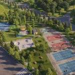 Aerial architectural rendering of Wildfield Village community park featuring a cricket field, splash pad, playground, skatepark, basketball and tennis courts, surrounded by lush green trees.
