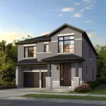 Exterior architectural rendering of a contemporary two-story detached house in Wildfield Village with a grey brick facade, covered front porch, and a two-car garage.