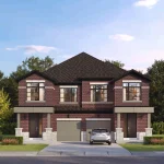 Front view rendering of a two-story red brick semi-detached home in Wildfield Village, featuring modern black-trimmed windows, a double garage, and neat landscaping.