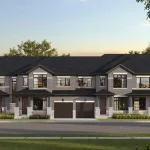 Architectural rendering of modern grey brick townhomes in Wildfield Village with dark shingle roofs, built-in garages, and manicured front lawns under a clear sky.