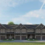 Front elevation rendering of a row of modern two-storey townhomes at Everford Towns with dark grey siding and stone foundations.