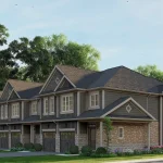 Exterior architectural rendering of two-storey townhomes at Everford Towns featuring dark siding, stone accents, and attached garages.