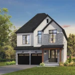 Front elevation rendering of a 36-foot single-family detached home at Founders Walk, featuring light grey brick cladding, dark stone accents, a double-car garage, and a covered wood-accented front porch.