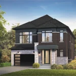 Modern two-story 40-foot detached home rendering at Founders Walk, highlighted by dark brick siding, light grey stone masonry, large paneled windows, and a sleek contemporary front door entryway.