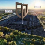 Aerial view rendering of the Founders Walk of Stouffville community development site, showcasing the master-planned neighborhood layout surrounded by Highway 48, Bethesda Side Rd, Baker Hill Blvd, and Main St.