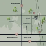Regional location map for Founders Walk of Stouffville, illustrating its proximity to Highway 48, Bethesda Side Rd, HWY 404, Markham, and Richmond Hill.