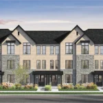 Front exterior rendering of Rear Lane Townhomes at Founders Walk displaying a three-story beige brick and grey stone facade with black window frames, dark gabled roofs, and landscaped front walkways.