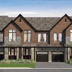Architectural rendering of Traditional Townhomes at Founders Walk showing dark brown brick and light stone exteriors, covered front porches, multi-car garages, and steep gabled rooflines.